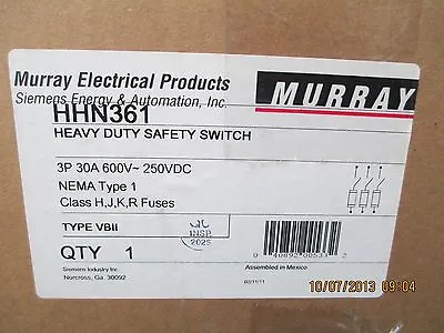 Buy Murray/ Siemens Hhn361 Disconnect Safety Switch 600v-250 30a 3p Fused New Nib  • 121.50$