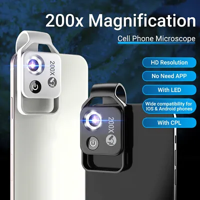 Buy Apexel 200 Magnification Mobile Phone Mini Microscope Lens Clip-on With LED CPL • 25.98$