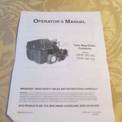 Buy MTD Riding Lawn Mower Twin Bag Grass Collector 190-063 190-103 Operators Manual • 8.99$