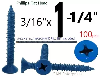 Buy Concrete 3/16x 1-1/4  Tapcon Phillips Flat Head Masonry Includes Drill Bit 100pc • 15.69$