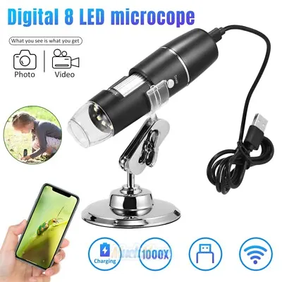 Buy 8LED 1000-1600X 10MP Wifi Digital Microscope Endoscope Magnifier Camera W/ Stand • 25.71$