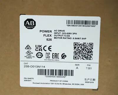 Buy New AB 25B-D013N114 /A Allen-Bradley PowerFlex 525 5.5kW 7.5Hp AC Drive Sealed • 745$