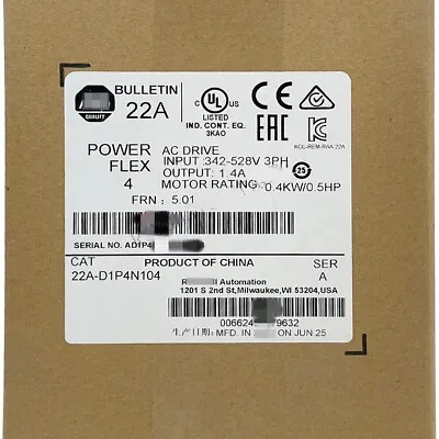 Buy 2022 Sealed Allen-Bradley 22A-D1P4N104 /A PowerFlex 4 0.4 KW 0.5 HP AC Drive • 399$