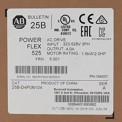 Buy New Allen Bradley 25B-D4P0N104 PowerFlex 525 AC Drive 1.5kW 2Hp AB 25B D4P0N104 • 322$