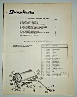 Buy Simplicity Wonder Boy Rider Attachments Parts Catalog Gang/reel Mower Snow Plow • 9.60$