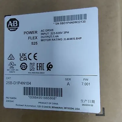 Buy Allen-Bradley 25B-D1P4N104 Powerflex 525 AC Drive 0.5HP 0.4KW New Factory SEALED • 295$