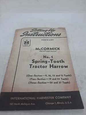 Buy IH  McCORMICK NO. 1 SPRING TOOTH TRACTOR HARROW PARTS LIST & INSTRUCTIONS  • 12.95$