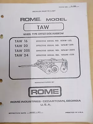 Buy Rome Model TAW Wheel Type Offset Disc Harrow Repair Parts List Date 1977 • 14.85$