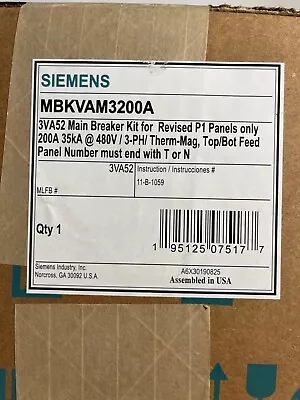 Buy SIEMENS MBKVAM3200A Main Breaker Kit / P1 Panels / 3 Ph 480V 200A 35kA / 3VA52 • 1,050$