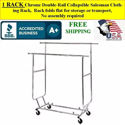 Buy 1 RACK Chrome Double-Rail Collapsible Salesman Clothing Rack With Wheels • 169.95$