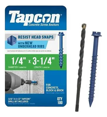 Buy Tapcon 1/4  X 3-1/4  Hex Head Concrete Anchor Screws 3161407 | 100 Pack | Drill  • 36$