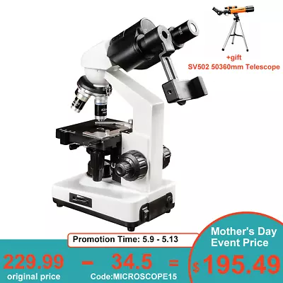 Buy SVBONY SM201 Compound Binocular Microscope 40-2500X With Phone Adapter For Teach • 229.99$