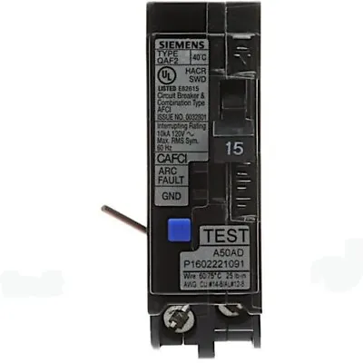 Buy Siemens QA115AFCWG 15 Amp Insta-Wire Arc Fault Circuit Interrupter Breaker • 39.99$