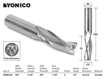 Buy 3/8  Dia. Low Helix Upcut End Mill CNC Router Bit - 3/8  Shank - Yonico 35350-SC • 26.95$