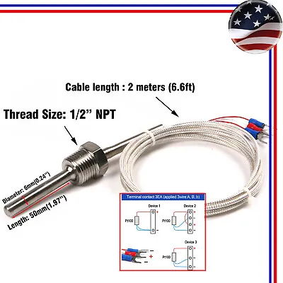 Buy RTD Pt100 Temperature Sensor Probe 3 Wires 2M Cable Thermocouple 1/2  BSP Thread • 14.99$