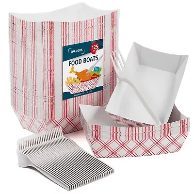 Buy Food Boats 12 X 125pcs (1500 Pack) 3LB Red&White Paper Food Trays Leakproof • 84.90$