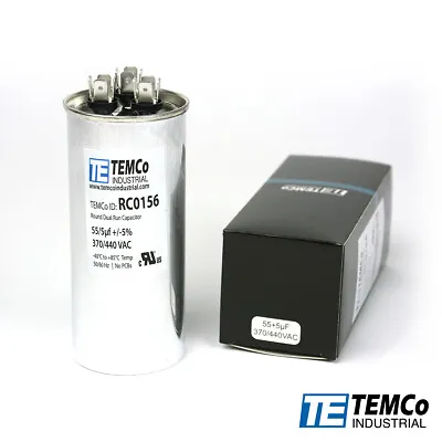 Buy TEMCo 55/5 MFD UF Dual Run Capacitor 370 440 Vac Volts AC Motor HVAC 55+5 • 14.95$