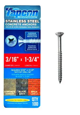 Buy Tapcon 3/16  X 1-3/4  Stainless Steel Phillips Flat Head Concrete Anchor Screws  • 54.95$