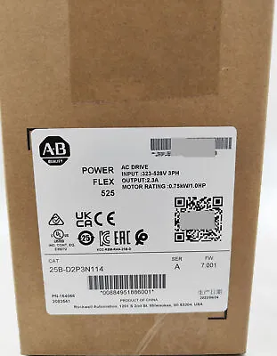 Buy New Allen-Bradley 25B-D2P3N114 Ser A PowerFlex 525 0.75kW (1Hp) AC Drive Sealed • 337$