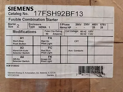 Buy Siemens 17FSH92BF13 Fusible Combination Starter • 700$