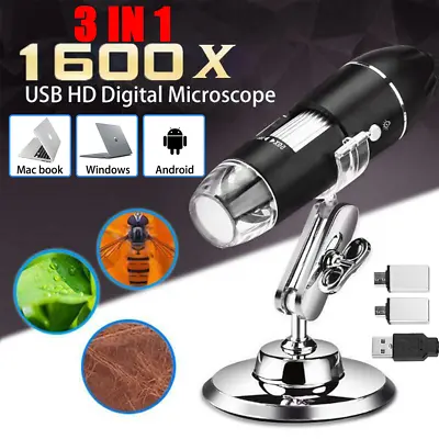 Buy 1600X 3 In 1 Zoom 8LED USB Microscope Digital Magnifier Endoscope Video Camera • 16.59$