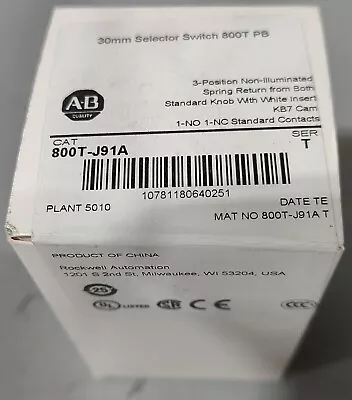 Buy New Allen Bradley 800T-J91A - 3 Position Selector Switch 800TJ91A - FREE SHIP • 75$