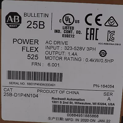 Buy Allen-Bradley 25B-D1P4N104 PowerFlex 525 0.4kW 0.5Hp AC Drive  • 300$