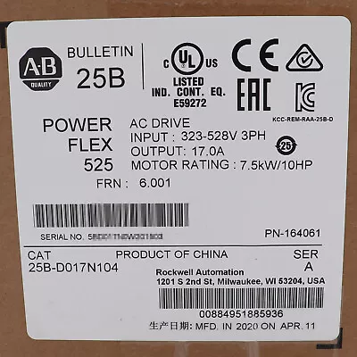 Buy Allen-Bradley 25B-D017N104 PowerFlex 525 7.5kW 10Hp AC Drive Factory Sealed New • 810$