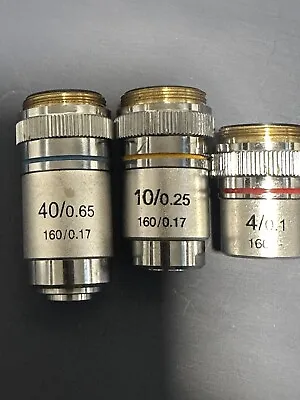 Buy Lot Of 3 Objective Microscope Lens 4/0.1, 10/0.25 & 40/0.65 All Nice 160/0.17    • 24.99$