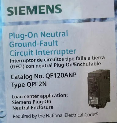 Buy 1 New Siemens QF120AN 1 Pole 20 Amp 120V Circuit Breaker Type QPF2N • 48.94$