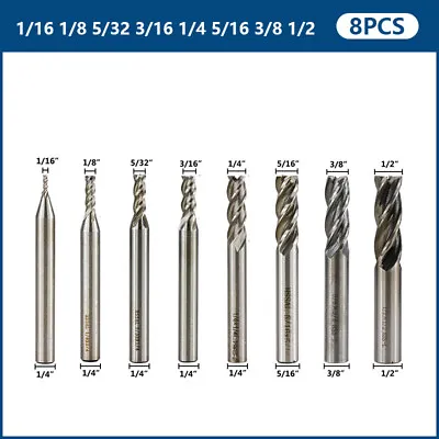 Buy 8Pcs 4 Flute End Mill For Aluminum 1/16-1/2  HSS CNC Router Bit Milling Cutter • 18.57$