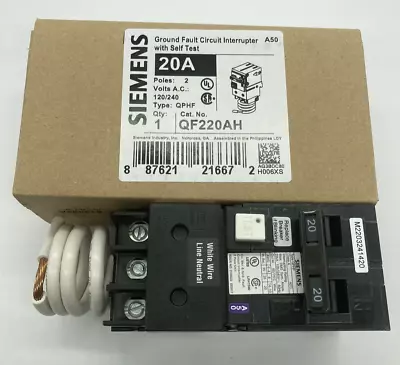 Buy New Siemens QF220AH 22kA 2 Pole 20 Amp 120 240V AC QPHF Plug On GFCI GFI Breaker • 394.95$