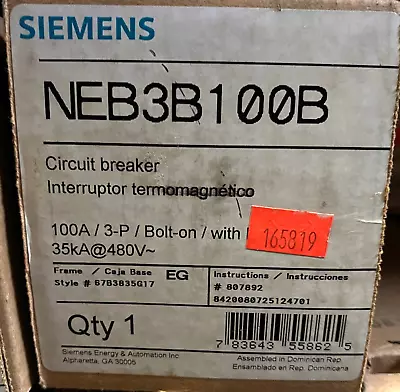 Buy Siemens Neb3b100b Breaker 3pole 100a Bolt On W/lugs New In Box Ready To Ship • 1,980$