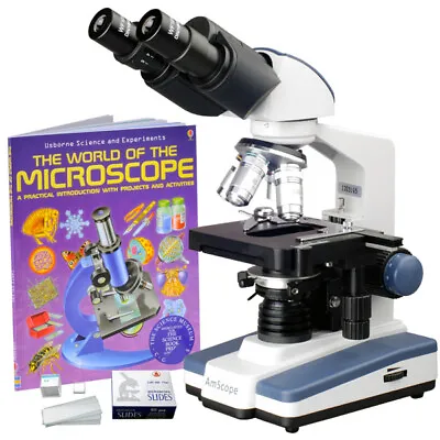 Buy AmScope 2500X LED Binocular Compound Microscope 3D Stage + Book + Blank Slides • 264.99$