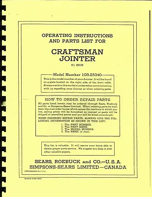 Buy CRAFTSMAN 4 3/8  Jointer 103.23340 Instructions & Parts Manual 0185 • 10.49$