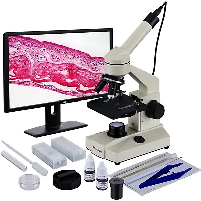 Buy AmScope 40X-1000X Student Biological LED Compound Microscope, Camera, Prep Slide • 89.69$