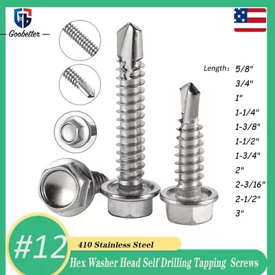 Buy #12 Hex Washer Head Self Drilling Tapping TEK Screws 410 Stainless Steel 5/8 -3  • 6.62$