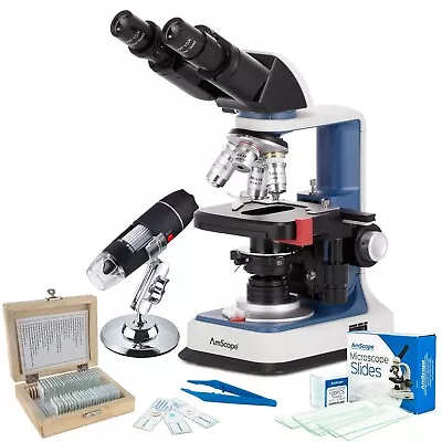 Buy Amscope 40X-2500X Rechargeable Compound Microscope Kit W USB Microscope+Slides • 290.99$