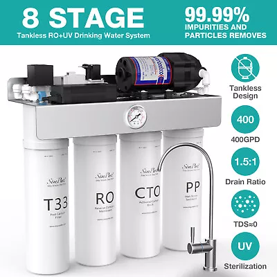 Buy SimPure T1-400GPD 8 Stage UV Reverse Osmosis Tankless RO Water Filter System NSF • 169.99$