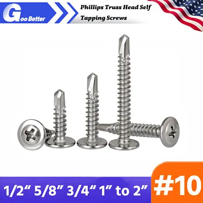 Buy #10 Phillips Truss Head Self Tapping Screws 410 Stainless Steel 1/2  5/8  To 2  • 7.09$