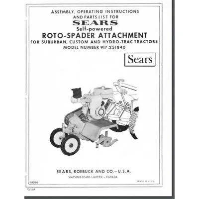 Buy Sears Roto Tiller Implement Lawn Tractor Owner Parts Manual 917.251840 10 Pages • 11.95$