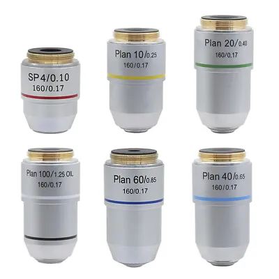 Buy Biological Microscope Plan Objective Lens 6 Kinds 4X-100X Thread 160/0.17 • 16.90$