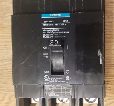 Buy Siemens BQD320 20A Circuit Breaker Gray Label 3P 277/480volt  BQD  3pole 20amp • 70$