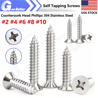 Buy 304 Stainless Phillips Flat Countersunk Head Self Tapping Screws #2 #4 #6 #8 #10 • 7.69$