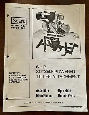 Buy Sears Roto-Spader Tiller Attachment MANUAL Assembly Repair Parts Operation 1979 • 5$