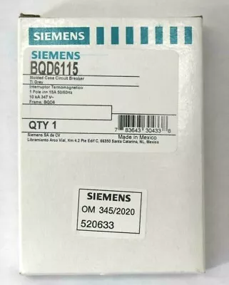 Buy Siemens BQD6115 Molded Case Circuit Breaker 1 Pole 15A 50/60Hz Grey • 26.99$