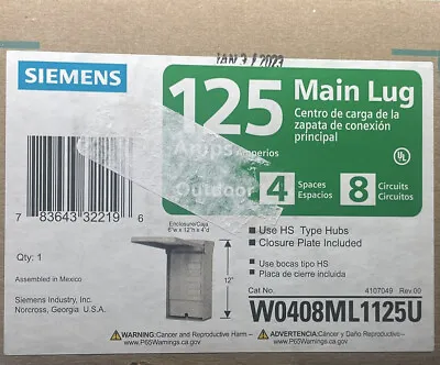 Buy Siemens 125A Main Lug 4 Spaces, 8 Circuits W0408ML1125U **NEW** • 54.94$