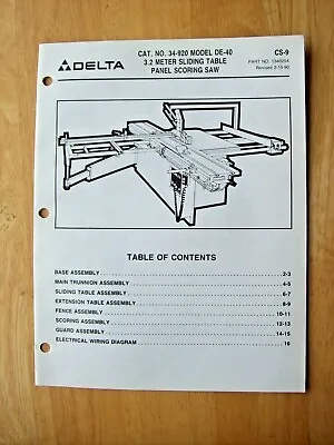 Buy Delta ~ 34-920 DE-40 3.2 Meter Sliding Table Panel Scoring Saw ~ Parts List CS-9 • 14.99$