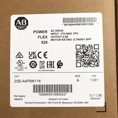 Buy New Allen Bradley 25B-A4P8N114 PowerFlex 525 0.75kW AC Drive • 400$