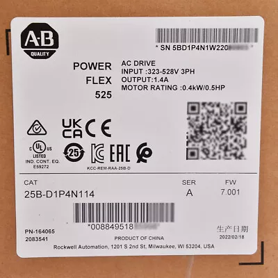 Buy 2022 Sealed AB 25B-D1P4N114 Allen-Bradley PowerFlex 525 0.4kW 0.5Hp AC Drive • 273.64$